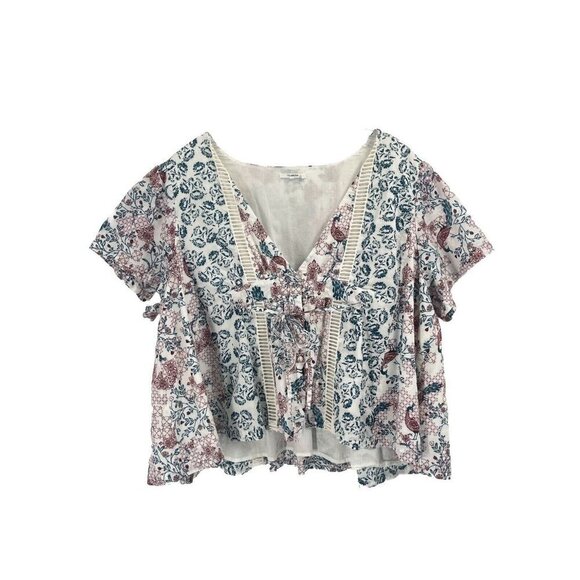 Tularosa Revolve Moonrise Boho Peacock Floral Short Sleeve Blouse Buttons Sz M - Picture 1 of 8